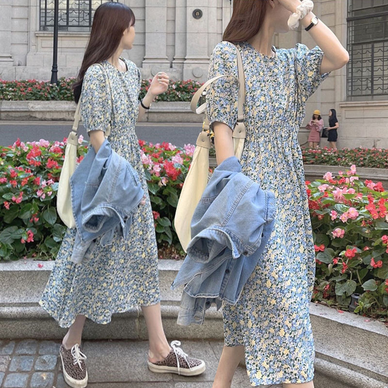 溫柔毆膩浪漫出遊·泡泡袖碎花連身長裙 甜美顯瘦法式氣質洋裝