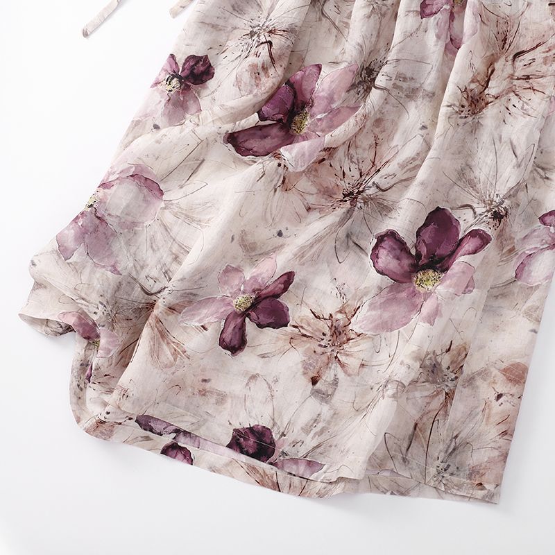 加大尺碼文青風苧麻薄款抽繩收腰碎花圓領洋裝