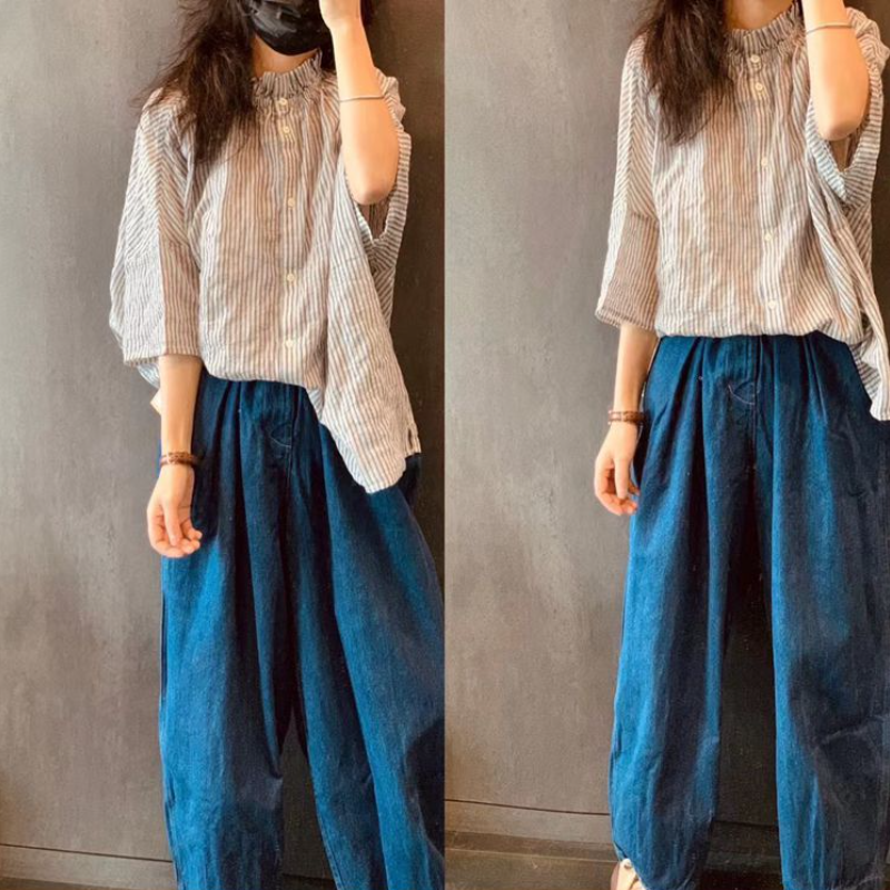 文青款​棉麻襯衫 雙面神級穿法 荷葉領文藝復古五分袖休閒上衣