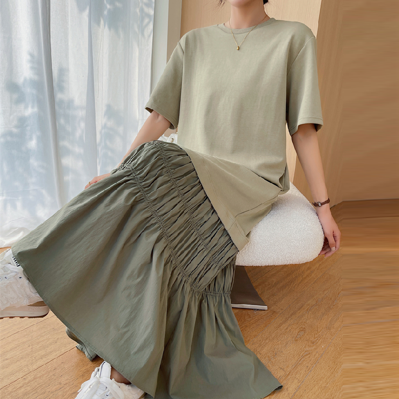 氧氣感落地傘擺洋裝 錯位拼接剪裁 冰絲罩衫藏腹棉質連身裙