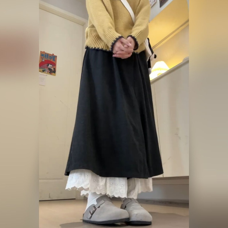 深灰蕾絲拼接褲裙 闊腿垂墜感 嬌小友善 秋季新款