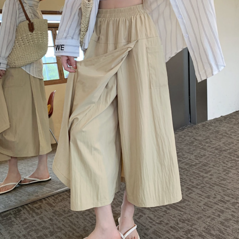 甜酷美式工裝冰絲褲裙 鬆緊腰不卡小腹 山本夏季高腰A字開叉半身裙