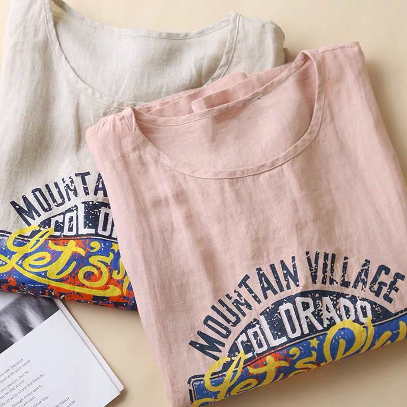 簡約．字母印花圖案上衣  棉麻印花短袖 圓領休閒t恤