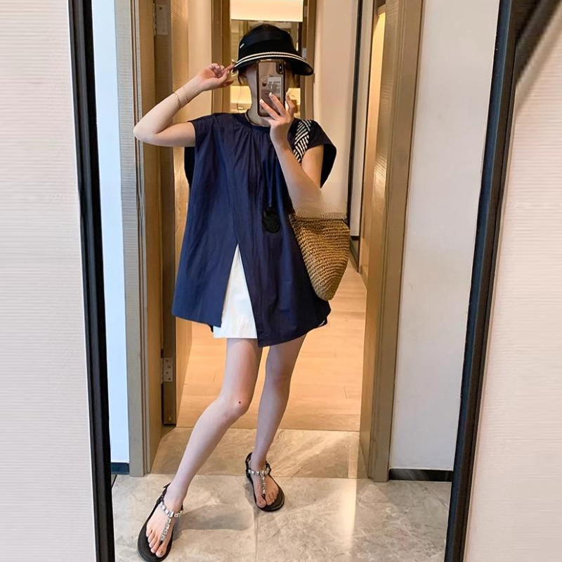 不規則側開高衩飛袖襯衫 夏季寬鬆設計感休閒氣質上衣