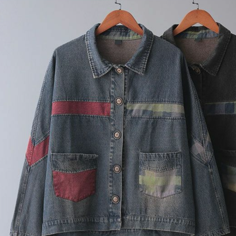 復古拼布丹寧外套 大尺碼寬鬆 厚質保暖