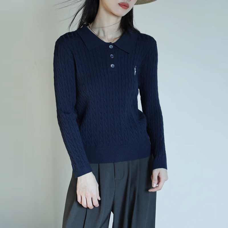 復古灰色翻領刺繡針織衫 通勤麻花毛衣顯瘦上衣