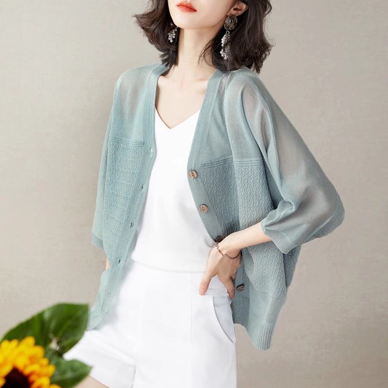 百搭休閒防曬罩衫 冰絲針織開襟衫 披肩配裙子吊帶外搭罩衫