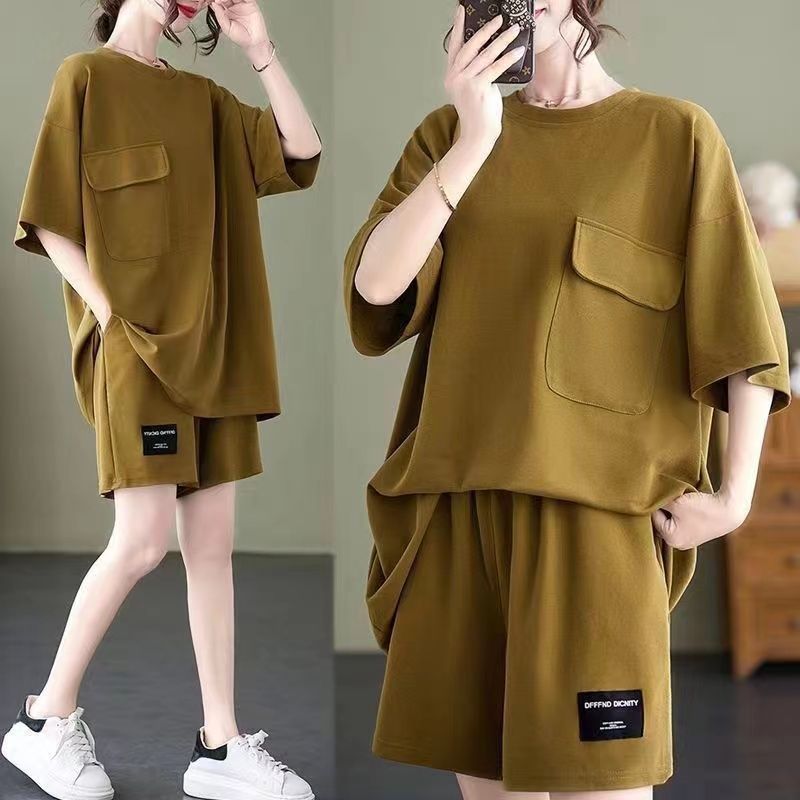 大尺碼素色短袖短褲兩件套 寬鬆顯瘦休閒家居套裝