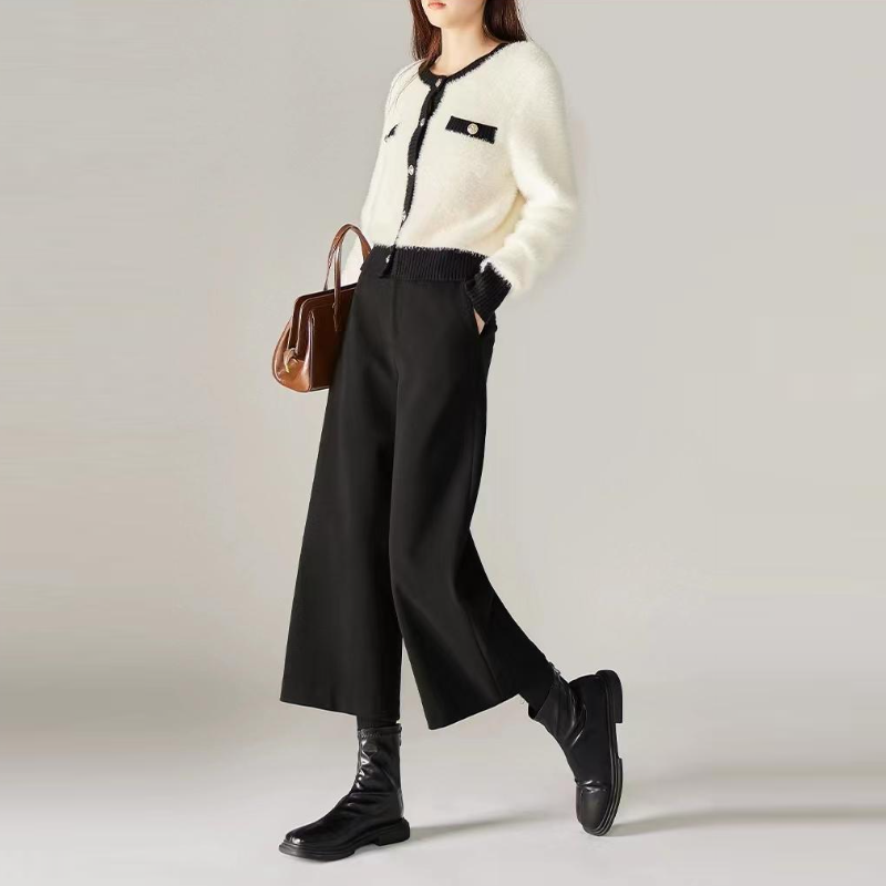 毛呢八分寬褲 秋冬新款休閒寬鬆顯瘦