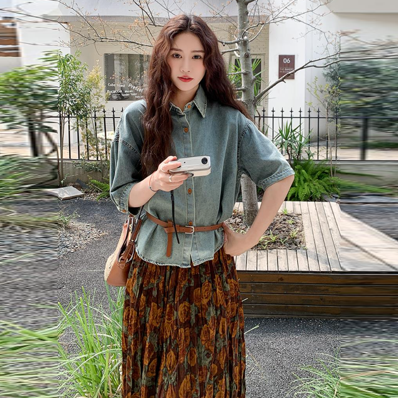復古兩件式套裝 短袖牛仔襯衫＋碎花中長裙 成套穿搭