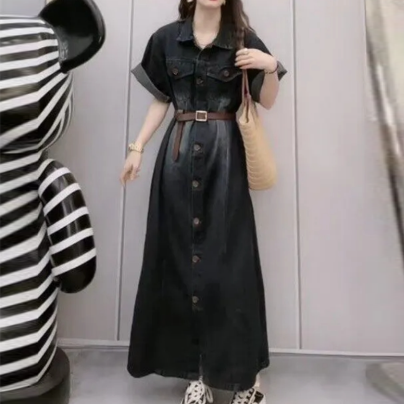 慵懶氣質復古丹寧洋裝 休閒A字裙顯瘦牛仔連身裙 寬鬆大尺碼