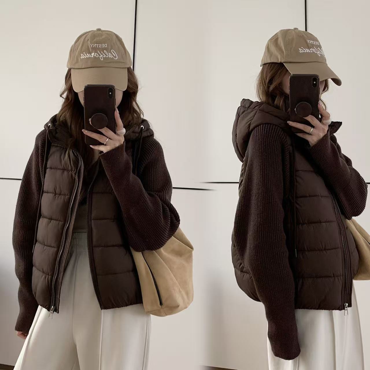 針織拼接連帽鋪棉外套 短版輕量 保暖不臃腫（小個子友善）