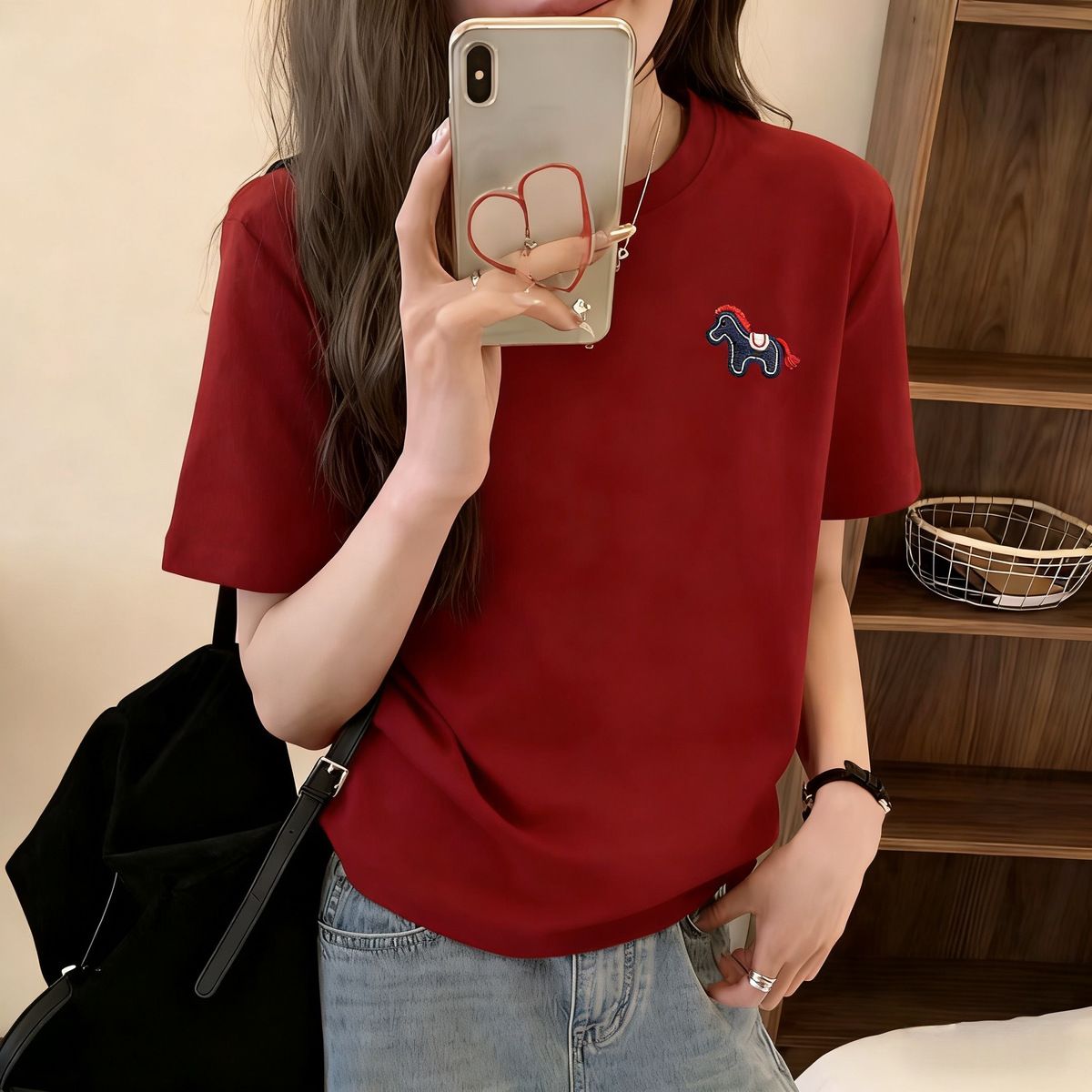 S-4XL純棉小馬刺繡短袖T恤 正版型簡約百搭酒紅上衣