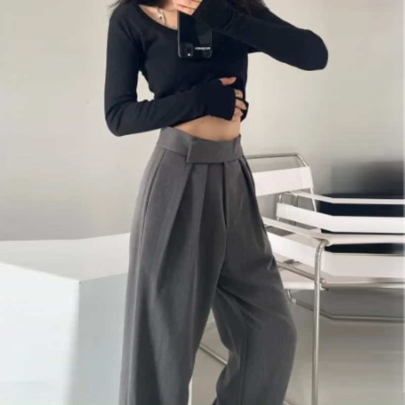 韓版「魔鬼氈」寬鬆垂墜感休閒寬褲 西裝褲