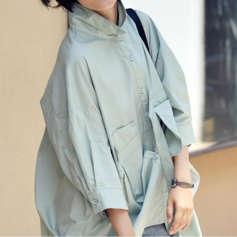 設計感長版襯衫 薰衣草紫 寬鬆顯瘦 前短後長 五分袖 大尺碼友善