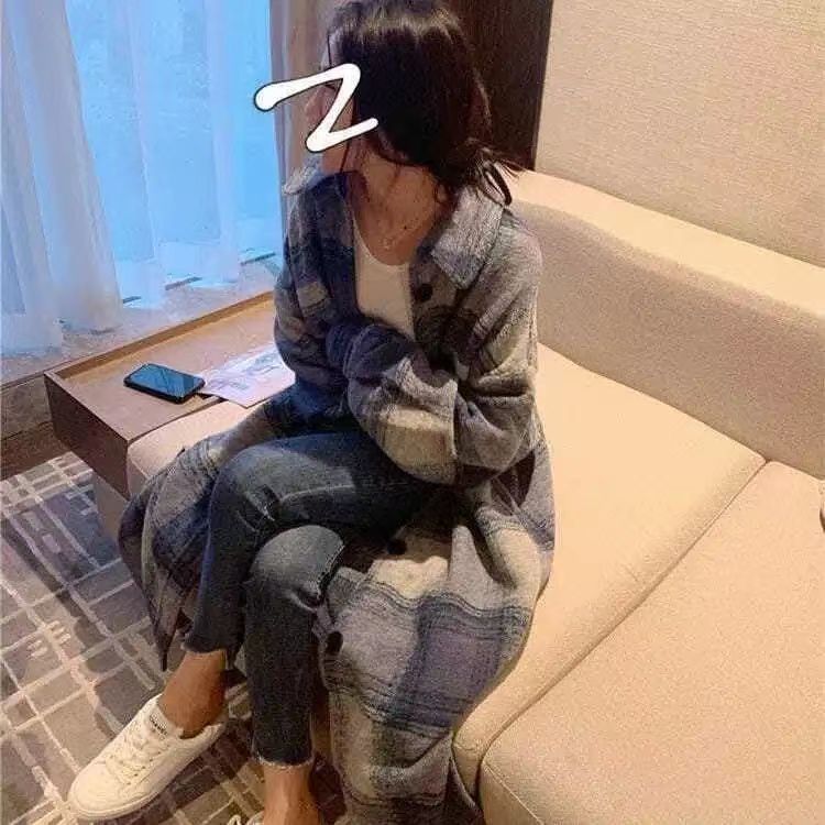 韓系． 百搭格紋外套連身裙 藍色外套高級感過膝