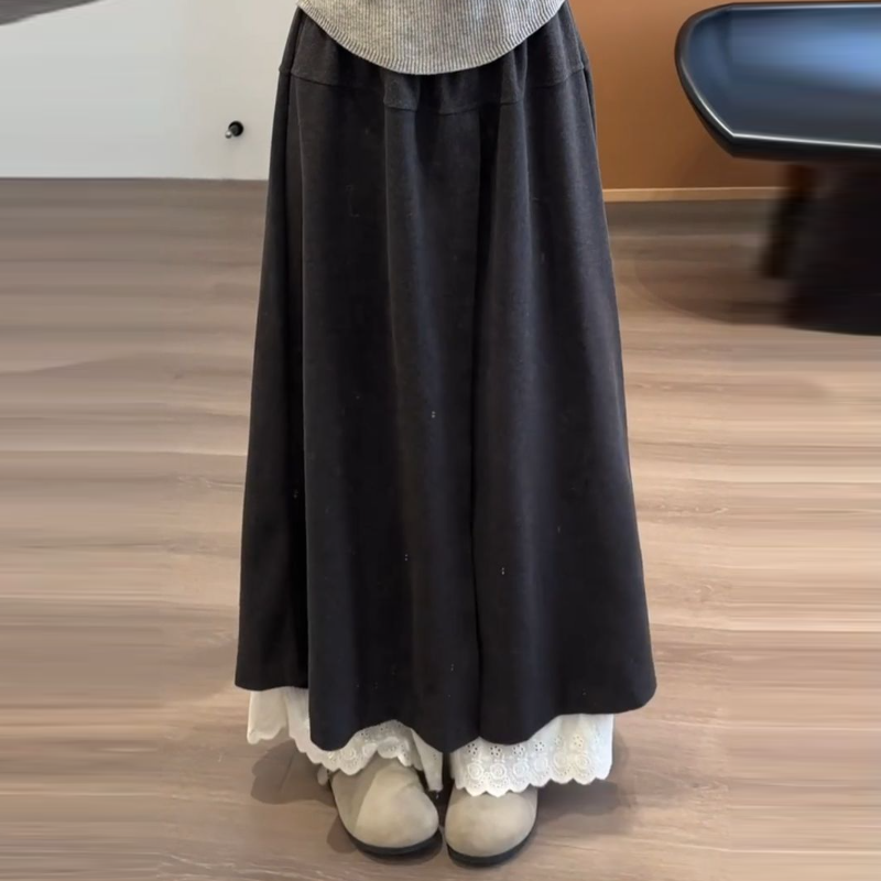 深灰蕾絲拼接褲裙 闊腿垂墜感 嬌小友善 秋季新款