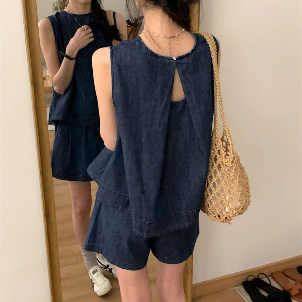 牛仔顯瘦組合 冰氧牛仔抗熱背心+高腰短褲 兩件減齡兩件套