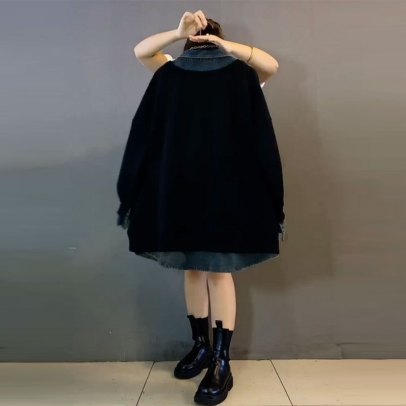 大尺碼牛仔領拼接大學T 休閒寬版POLO領上衣 遮肉顯瘦