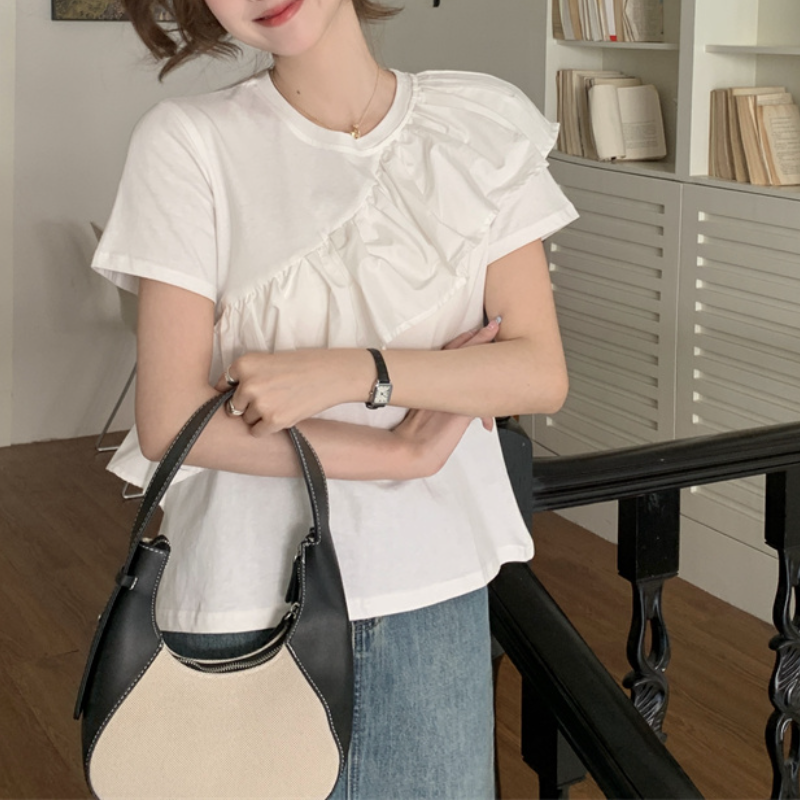 甜美荷葉邊短袖上衣 小眾顯瘦T恤設計感白色