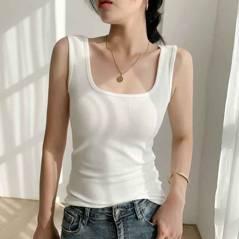 簡約好搭 簡約 休閑 拼接 無袖 素面 方領 套頭 修身 通勤 顯瘦 高透氣 細肩帶/背心