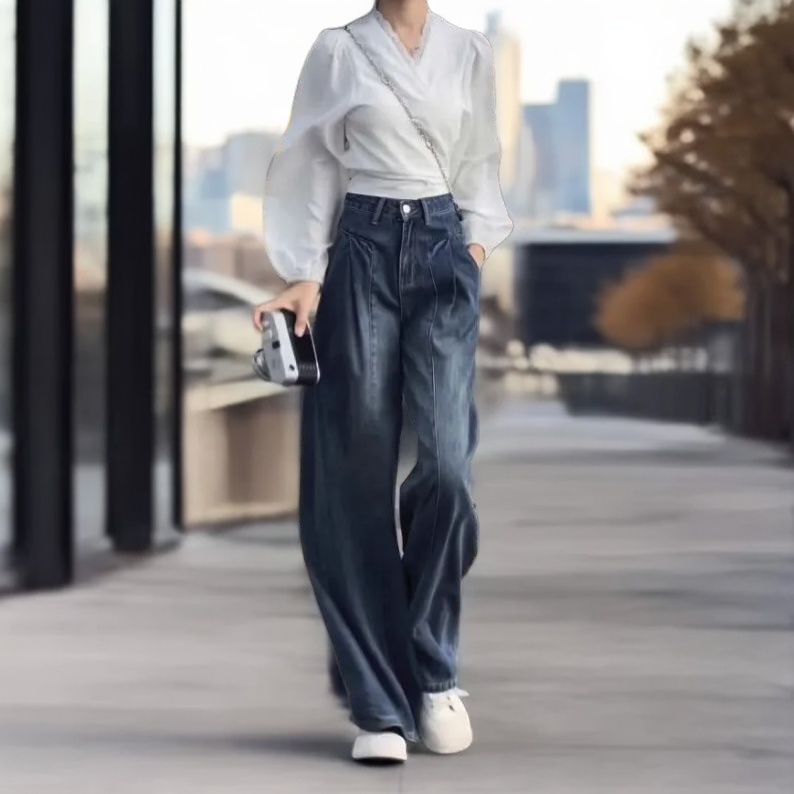 藍色港風復古牛仔寬褲 寬鬆直筒 垂墜感拖地長褲 顯瘦
