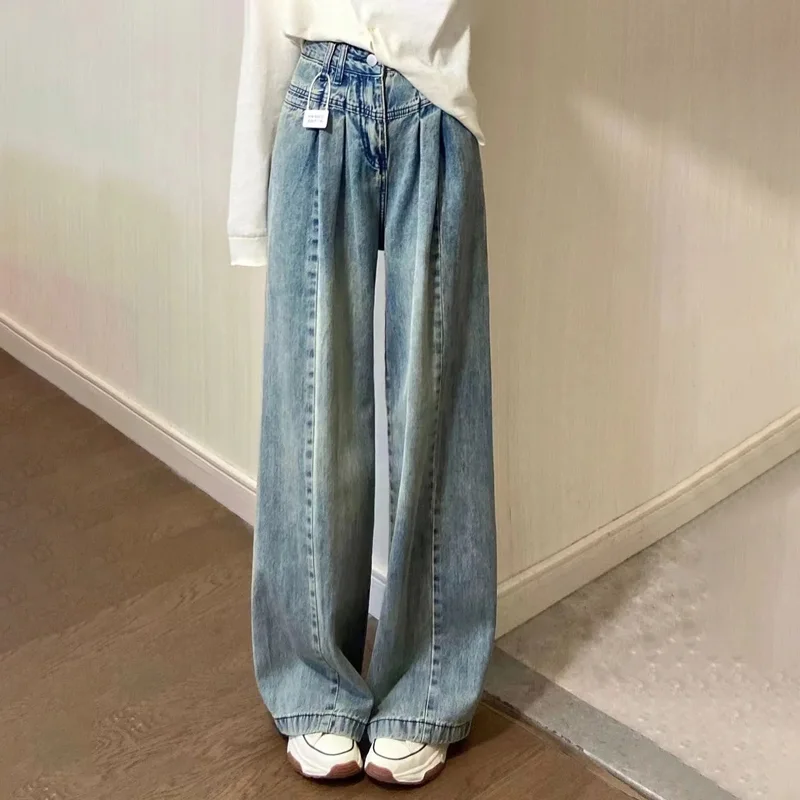 復古 高腰顯瘦 寬鬆 直筒 設計感 垂感 拖地褲 牛仔褲