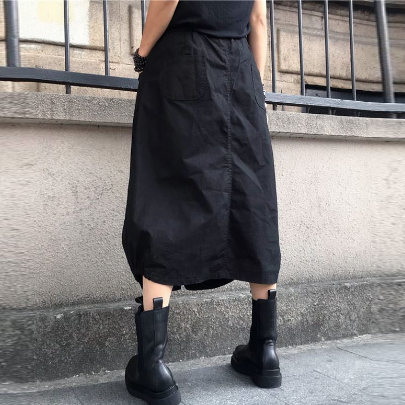 高腰鬆緊燈籠中長裙 春秋百搭 開衩設計 大尺碼友善M-4XL