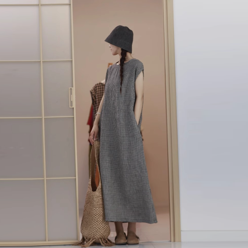 棉麻格紋無袖長洋裝 復古文青風