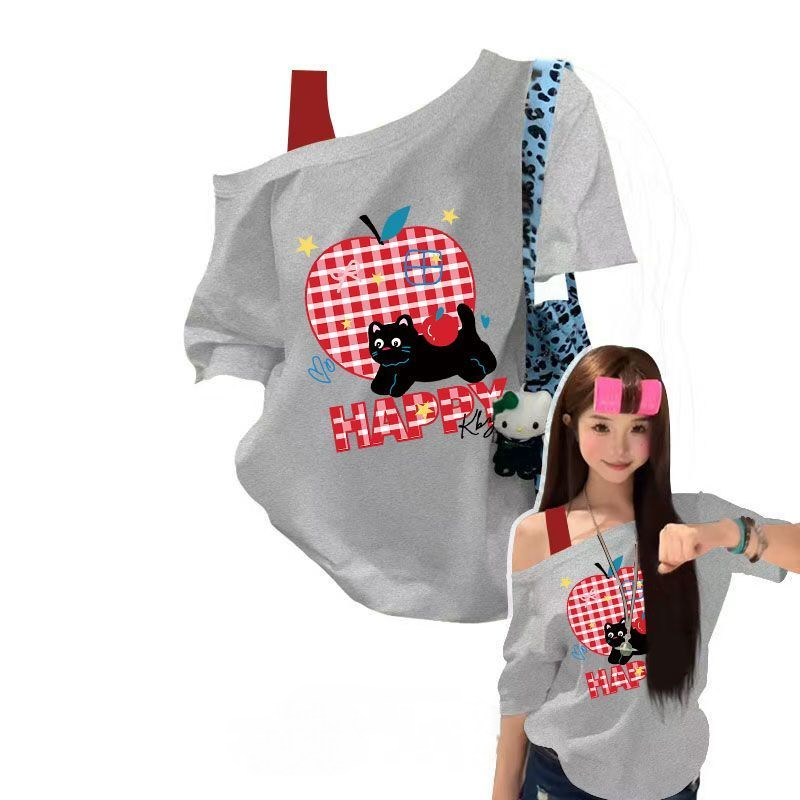 美式蘋果印花斜肩假兩件短袖T恤 寬鬆休閒百搭款