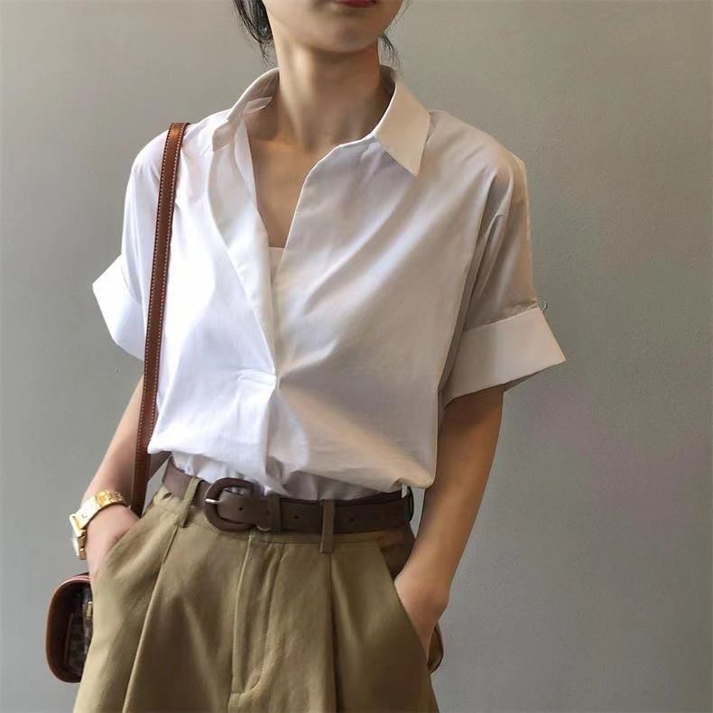 復古夏日V領 蝙蝠袖 通勤顯瘦寬鬆氣質襯衫