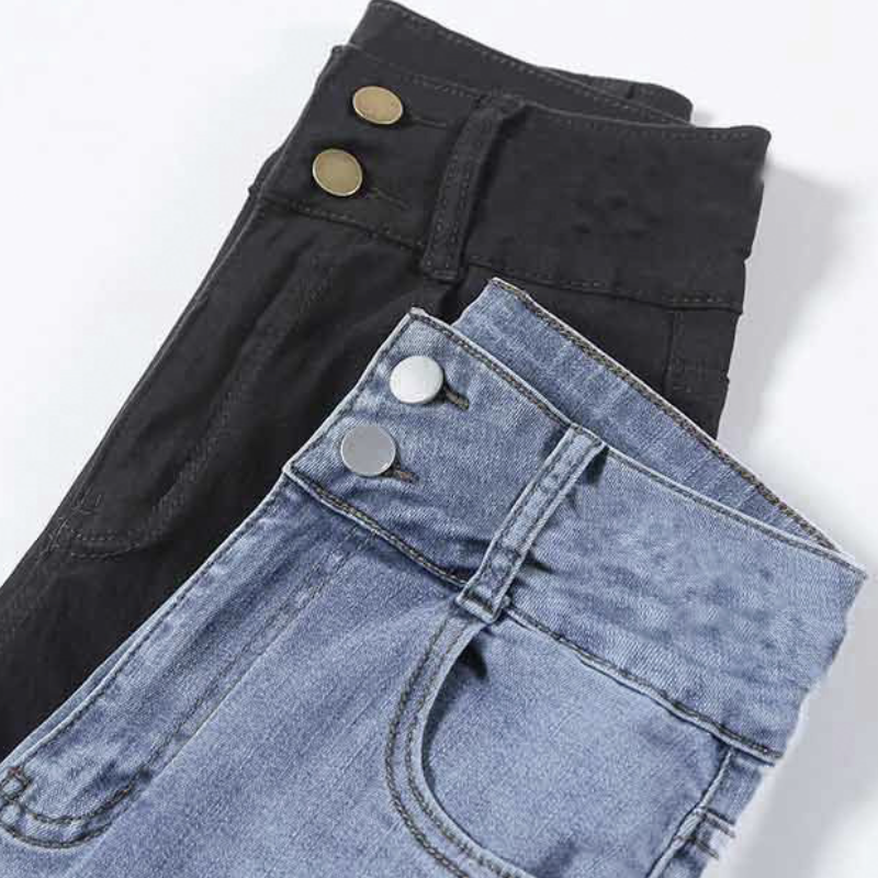 超彈高腰雙釦顯瘦牛仔褲 秋季百搭韓系修身小腳褲