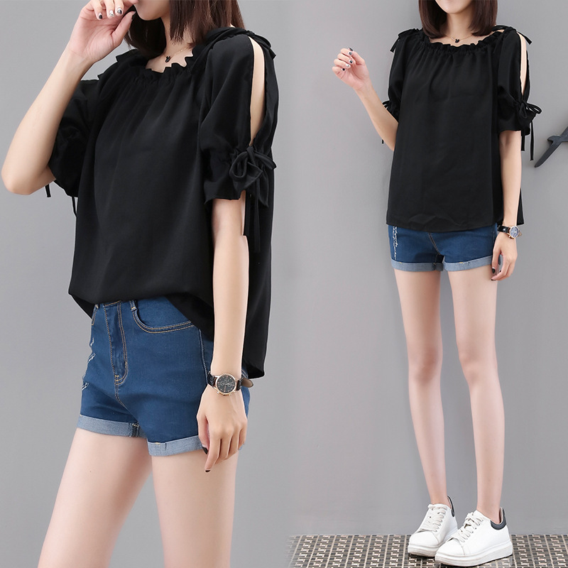 韓版繫帶鏤空寬鬆雪紡衫