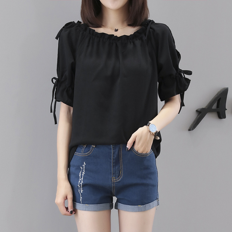 韓版繫帶鏤空寬鬆雪紡衫