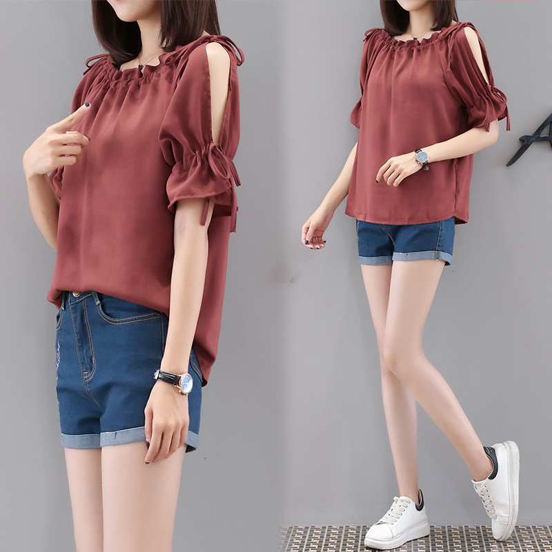 韓版繫帶鏤空寬鬆雪紡衫