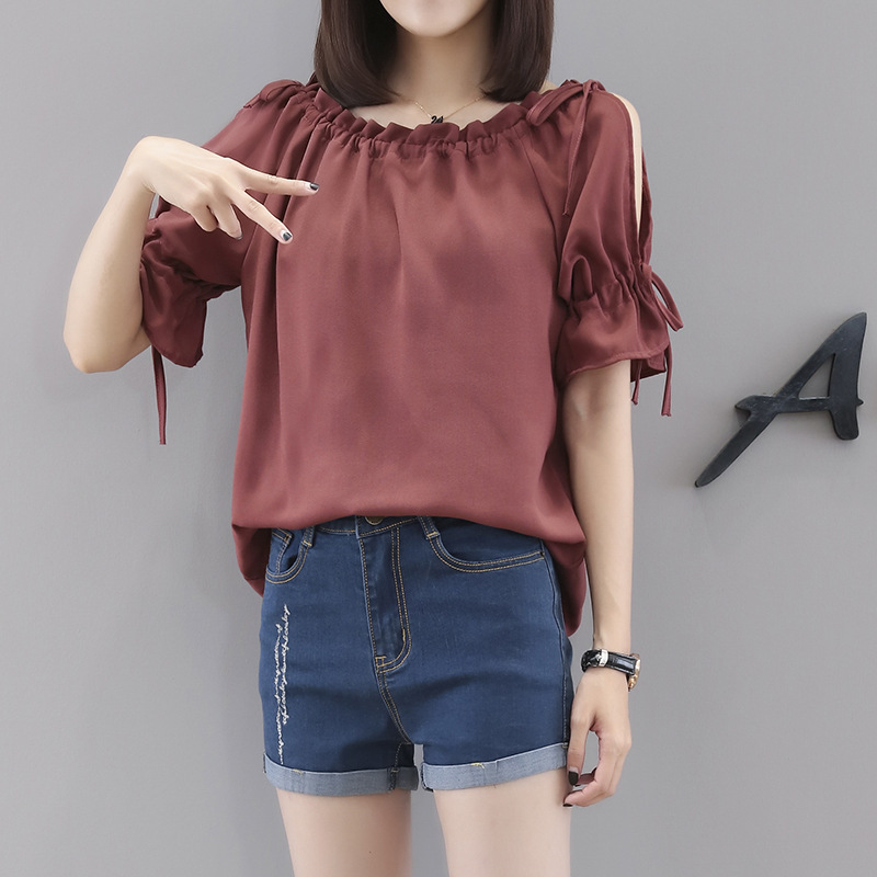 韓版繫帶鏤空寬鬆雪紡衫