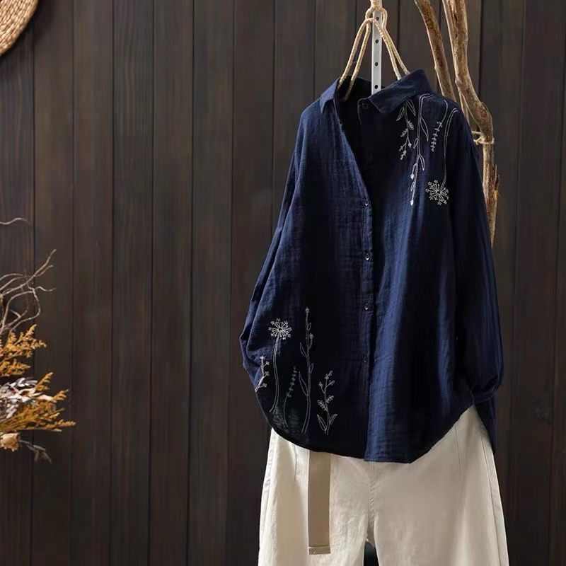 多層次外罩襯衫 微光澤棉麻刺繡上衣 熟齡顯瘦藏肉神器 獨家版型 抗皺透氣閨蜜親子裝穿搭