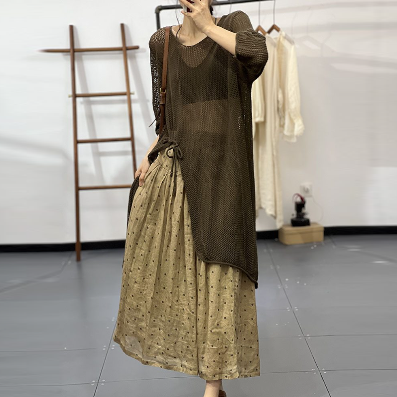 春夏鏤空針織裙罩衫 文青風中長版連身裙 慵懶休閒感穿搭