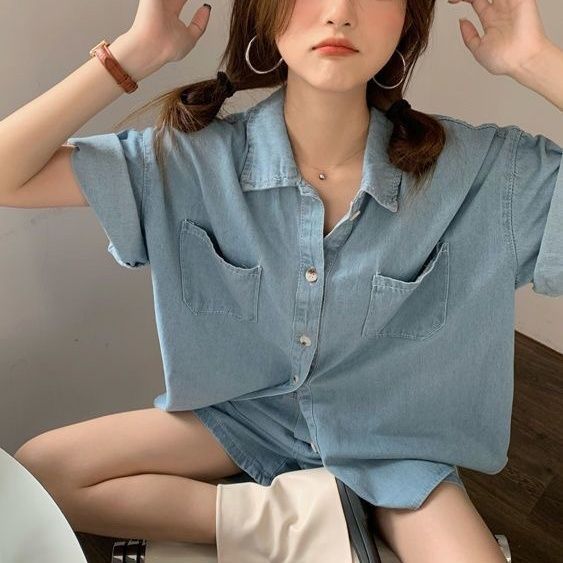 港風復古胖MM休閒短袖襯衫套裝 寬鬆丹寧風短褲套裝 薄款仿牛仔材質