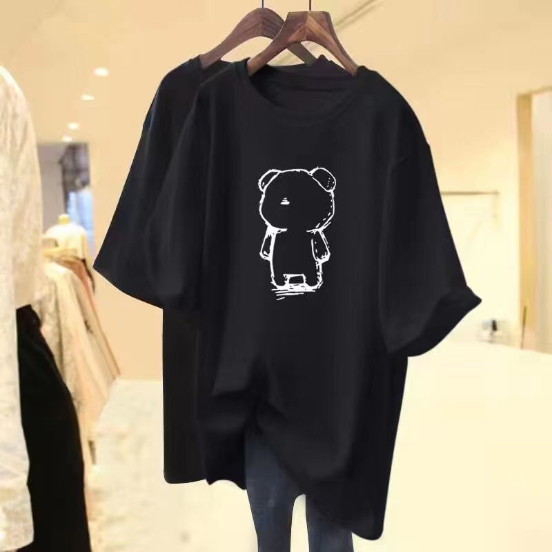 純棉熊熊印花寬鬆短袖T恤 中長版休閒百搭款