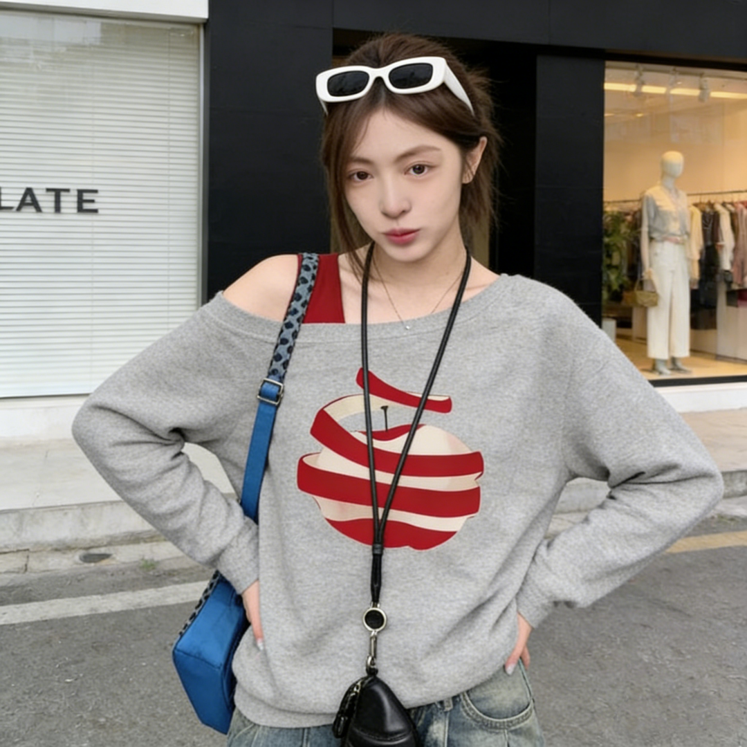 純棉斜肩假兩件長袖T恤 秋季寬鬆 設計感印花 不對稱露肩 百搭