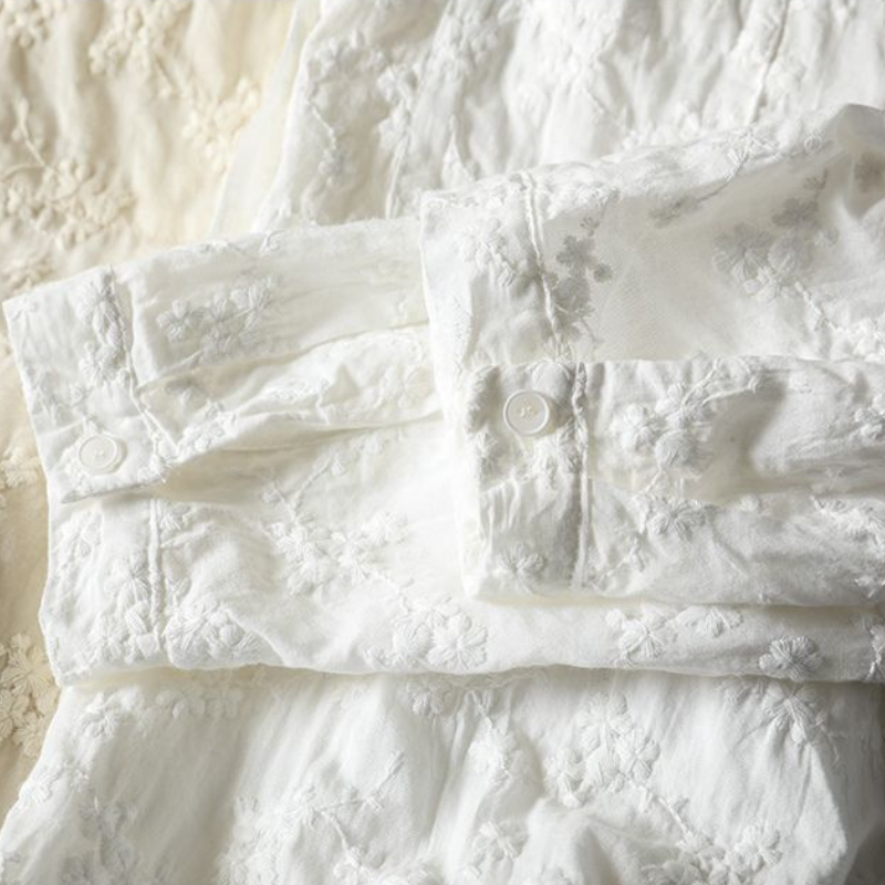 純棉刺繡提花立領襯衫 法式優雅寬版上衣 透氣親膚長袖白襯衫 休閒穿搭學院風顯瘦