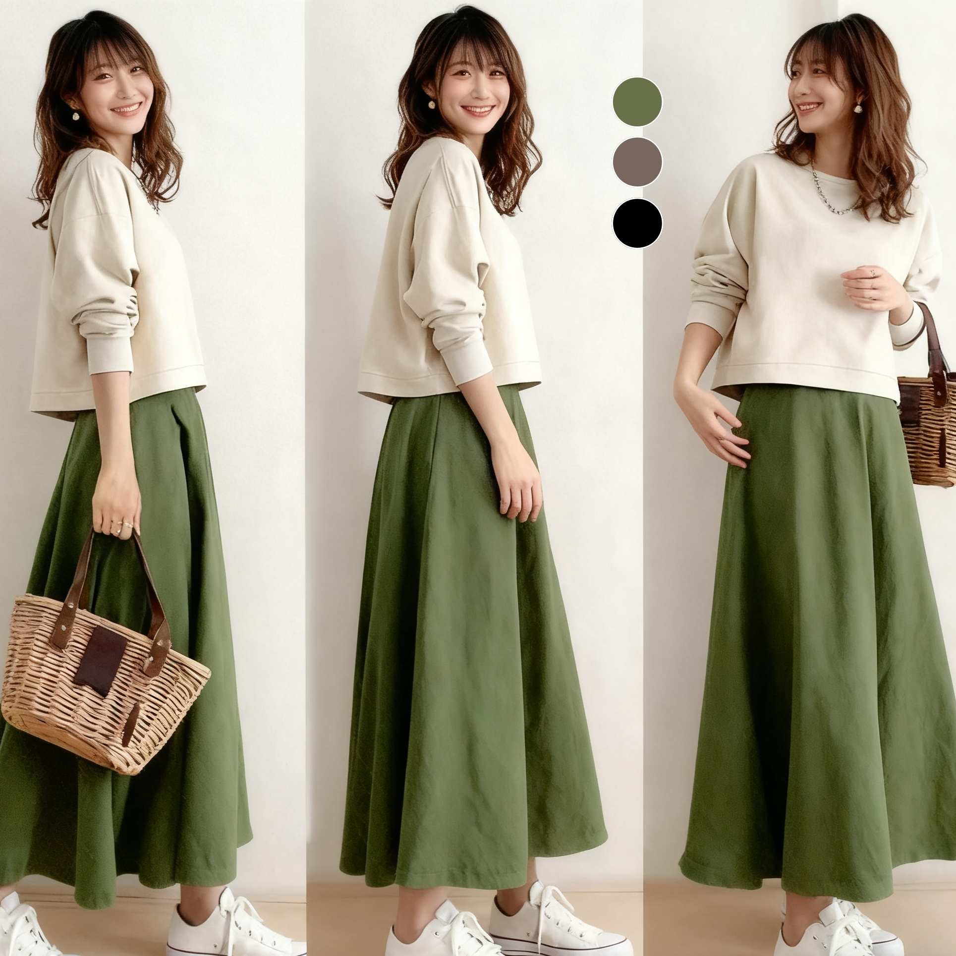 圓領長袖上衣×高腰中長裙 套装兩件式 春秋新款 清新顯瘦