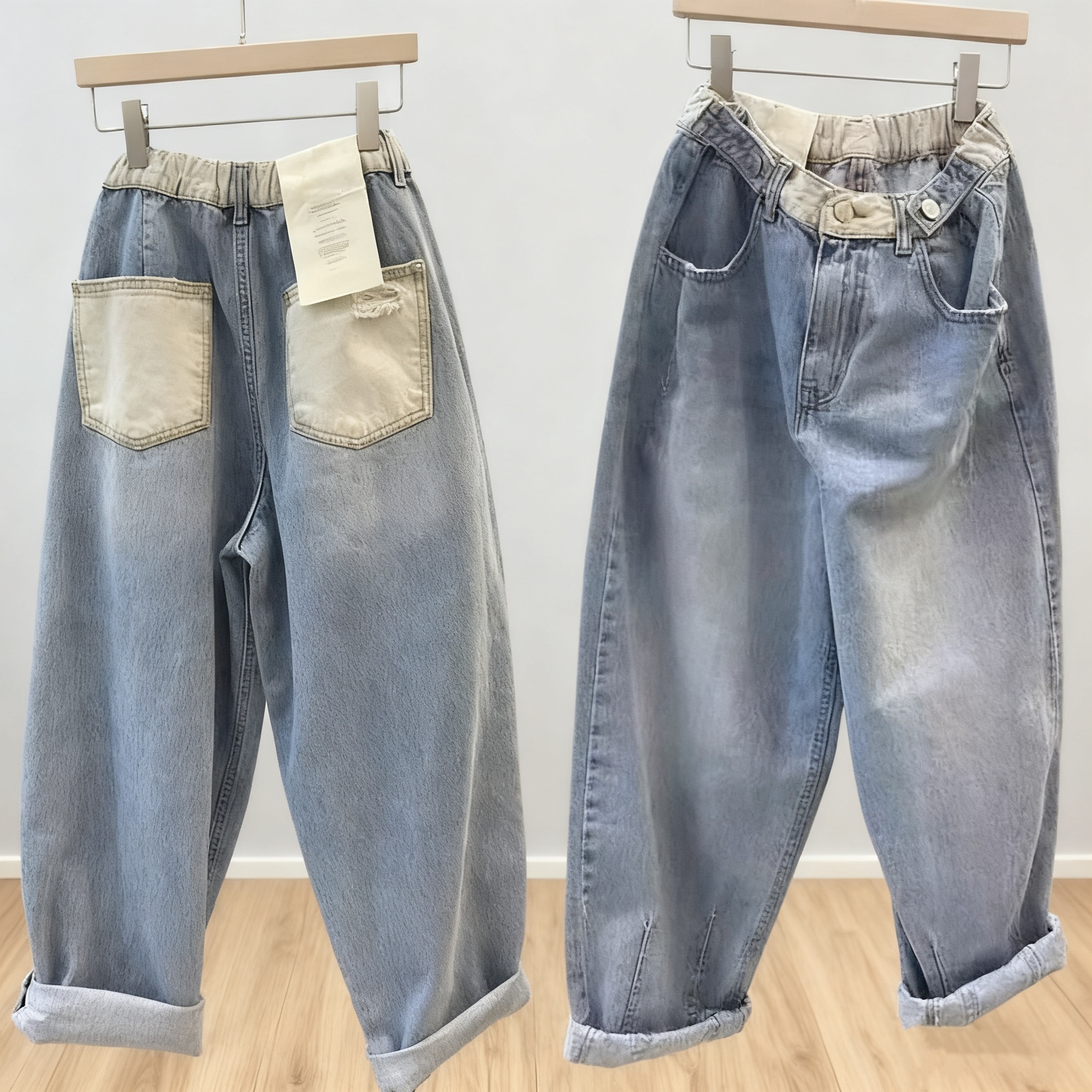 S-5XL大尺碼高腰牛仔褲 寬鬆錐形（哈倫版） 直筒感 顯瘦 拼接口袋