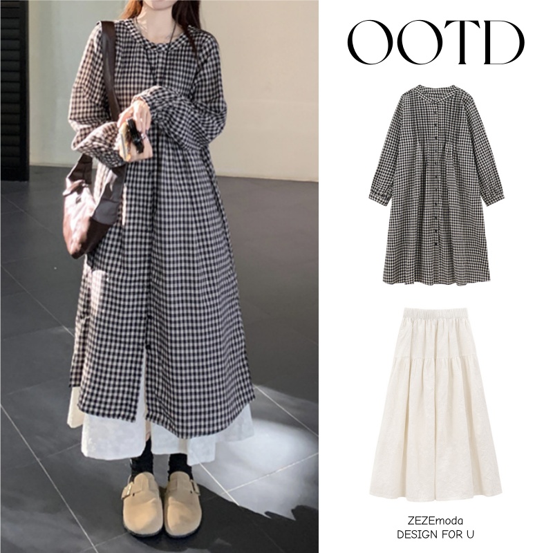 日系復古格紋襯衫洋裝 長袖寬鬆 可層次穿搭 慵懶風（嬌小友善）