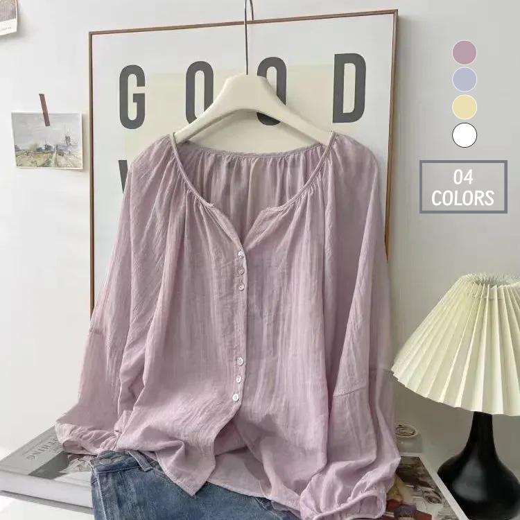 韓系雪紡開襟罩衫 輕薄防曬 寬鬆疊穿 圓領排釦 蓬袖