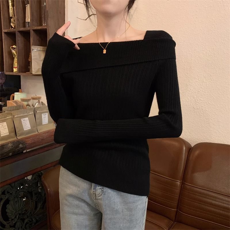 法式一字領針織上衣 春秋長袖 羅紋彈性 韓系慵懶 合身顯瘦