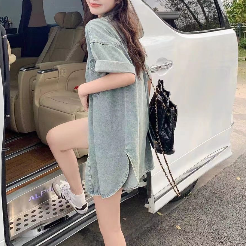 水洗彈力牛仔套裝 復古風可拆式牛仔兩件套 休閒短袖襯衫+寬鬆短褲