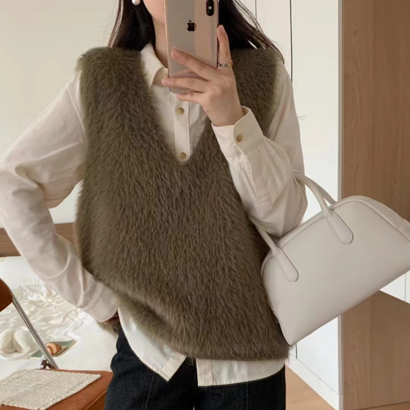 仿水貂絨V領針織背心 秋冬素色無袖毛衣背心