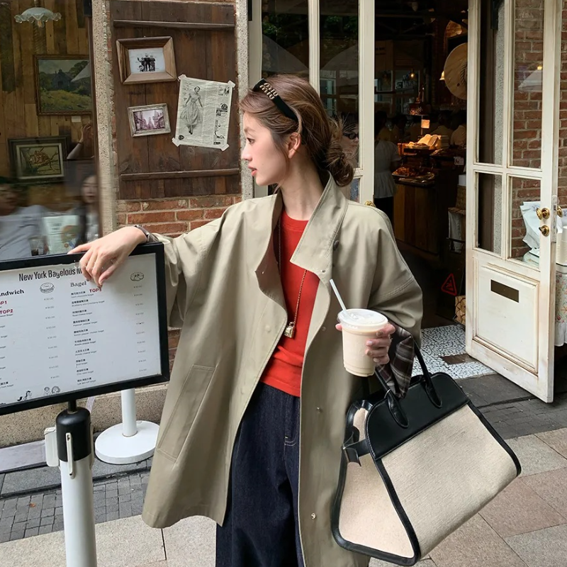 拼色英倫風長版風衣外套 寬版顯瘦 挺版設計 高級感經典款